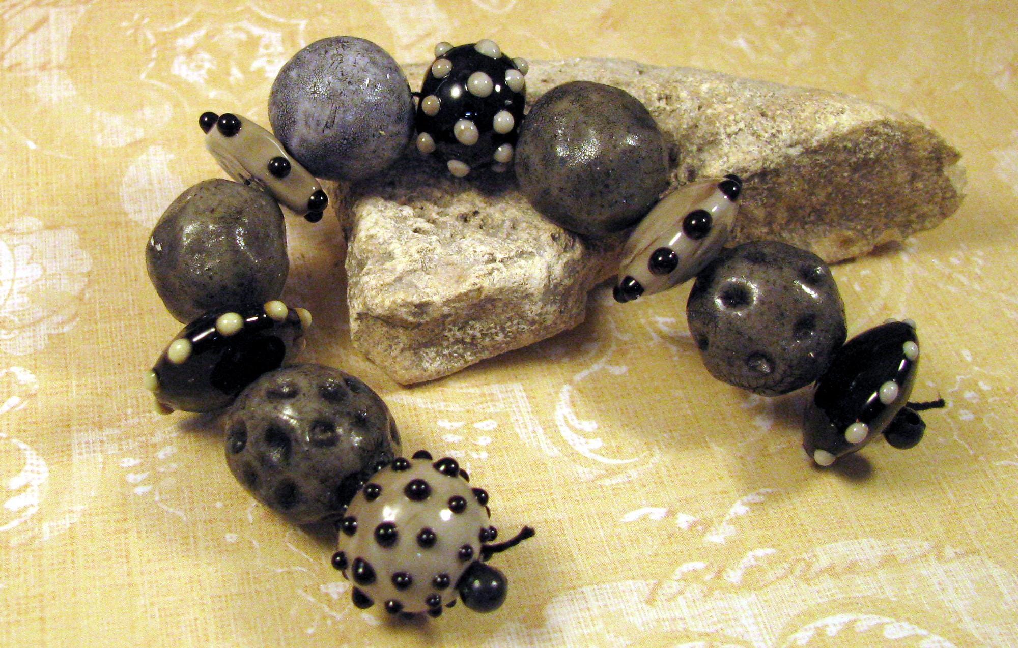 Artisan Combination Lampwork and Polymer Clay Bead Set by Monaslampwork on Etsy - Texture and Dots Handmade Beads by Mona Sullivan(6546)