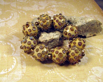 Lampwork Glass Beads Handmade by Monaslampwork on Etsy Tiny Opals on Ivory Mona Sullivan Boho Organic Bohemian Tribal Artisan Lampwork(7867)