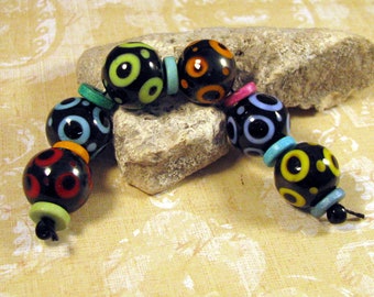 Artisan Lampwork Bead Set by Monaslampwork on Etsy - Color Layered Dots - Texture, color Handmade Lampwork Beads by Mona Sullivan (9365)