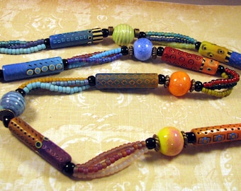 Artisan Necklace with Intricate Polymer Tubes and Enameled Lampwork Beads by Monaslampwork Etsy Each Tube and Bead a Different Pattern(9647)