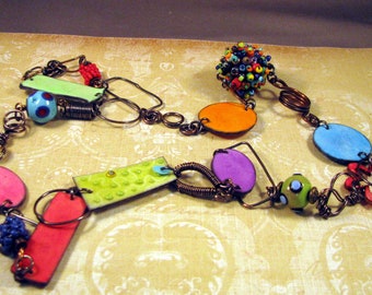 Artisan Colorful Enamel on Copper Felt Polymer Wire Woven and Beaded Component Necklace by Monaslampwork on Etsy by Mona Sullivan Boho(9651)