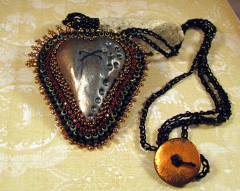 Artisan Bead Embroidered Heart Pendant Necklace by Monaslampwork on Etsy Seed Beads Polymer Cab Mona Sullivan Boho Organic Bohemian (7872)