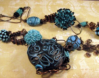 Handmade Artisan Necklace with Lampwork Beads, Weaved Wire, Beaded Beads, Clay, and Seed Beaded Necklace by Monaslampwork on Etsy (9373)