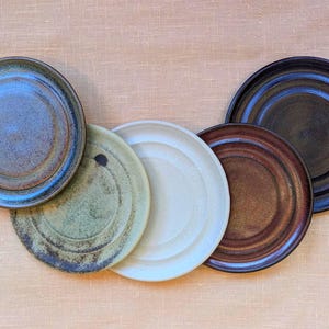 May include: A set of five circular ceramic plates arranged in a semi-circle. The plates feature varied glazes including a deep blue, a mottled light green, a solid off-white, a warm reddish-brown, and a dark charcoal black with concentric rings.
