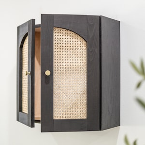 Solid Wood and Rattan Cane Webbing Floating Cabinet in Midnight Ash | Boho Storage and Decor for Bathroom, Kitchen, or Laundry Room