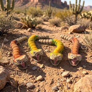 May include: Four toy snakes in vibrant colours are displayed on sand. The snakes have segmented bodies in orange, yellow, and green. The background shows desert plants and mountains. The snakes are a fun toy.