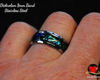 Handgefertigter Dichrolam Wurzelholzring aus Edelstahlkern, 8 mm