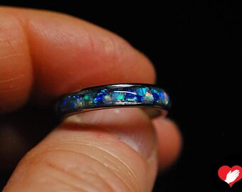 Anillo Aquarian Mermaid Ocean Waters de ópalo, acero inoxidable, 4 mm, banda cómoda (borde plano).