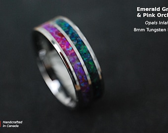 Smaragd grün rosa Orchideen Opal Ring - 8 mm Wolfram Band