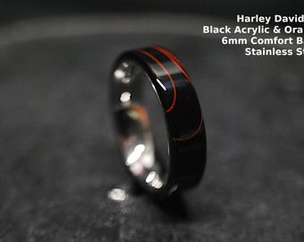 Schwarz Orange Acryl Ring Edelstahl Comfort Core, Handgefertigt in Kanada