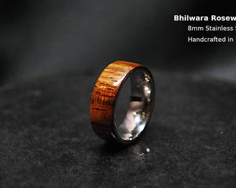 Bhilwara Palisander Holzring aus 8 mm Edelstahl Komfortkern, handgefertigt