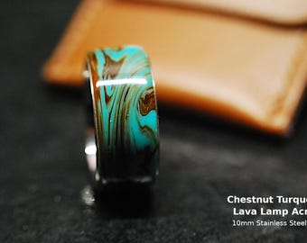 Lifestyle Ring Türkis Caramel Swirl Lava Lampe mit 10 mm Edelstahl Comfort Kern - Handgefertigt