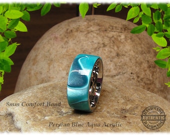 Handgefertigte Aqua Blau Acryl Ring Edelstahlkern 6 mm, 8 mm & 10 mm Breite
