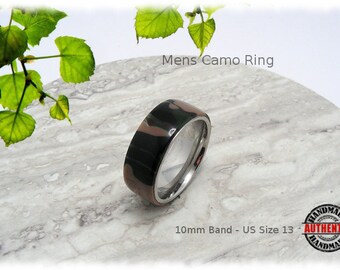 Woodland Camo Acryl Herrenring 10 mm Edelstahl Komfortkern, handgemacht