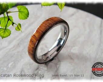 Yucatan Rose Wood Ring with 5mm Stainless Steel Comfort Core, Handcrafted - FREE SHIPPING