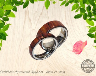 Caribbean Rosewood Wood Ring on Stainless Steel Comfort Bands, Handcrafted Matching Ring Set - FREE Shipping