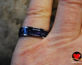 Handcrafted Purple Galactic Stardust Ring on Flat Edge Stainless Steel Band - FREE SHIPPING