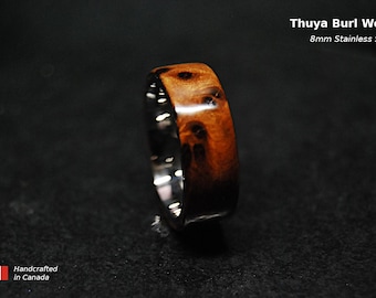 Thuja Maserholz Ring mit 8 mm Edelstahl Komfortkern, Handgefertigt in Kanada
