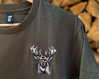 Camiseta bordada con motivo de caza de ciervos, regalo para cazadores, amantes de la naturaleza, estilo campestre, rústico, bosque, naturaleza, ropa de exterior.