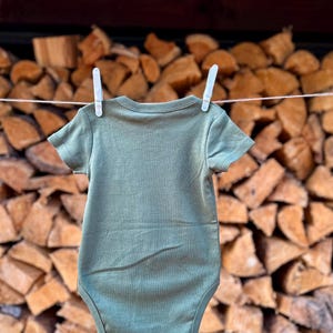 Puede incluir: Un pelele de beb&eacute; verde colgado de una cuerda para tender la ropa frente a una pila de le&ntilde;a apilada.