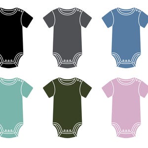 Puede incluir: Seis bodies para beb&eacute; en diferentes colores: negro, gris, azul, verde, verde oscuro y rosa. Cada body tiene mangas cortas y un contorno blanco de un cuello redondo y tres botones.