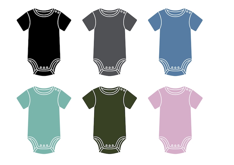 Puede incluir: Seis bodies para beb&eacute; en diferentes colores: negro, gris, azul, verde, verde oscuro y rosa. Cada body tiene mangas cortas y un contorno blanco de un cuello redondo y tres botones.