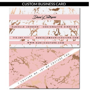 May include: A pink and white marble business card with gold accents. The text on the card reads "Dani's Couture", "Danielle Johnson", "CEO/Creative Director", "713.280.4117", "danielle@danijcouture.com", and "www.danijcouture.com".