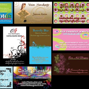 May include: A collage of business cards for various Etsy shops, featuring a variety of designs and themes, including jewelry, handbags, graphic design, and children's accessories.
