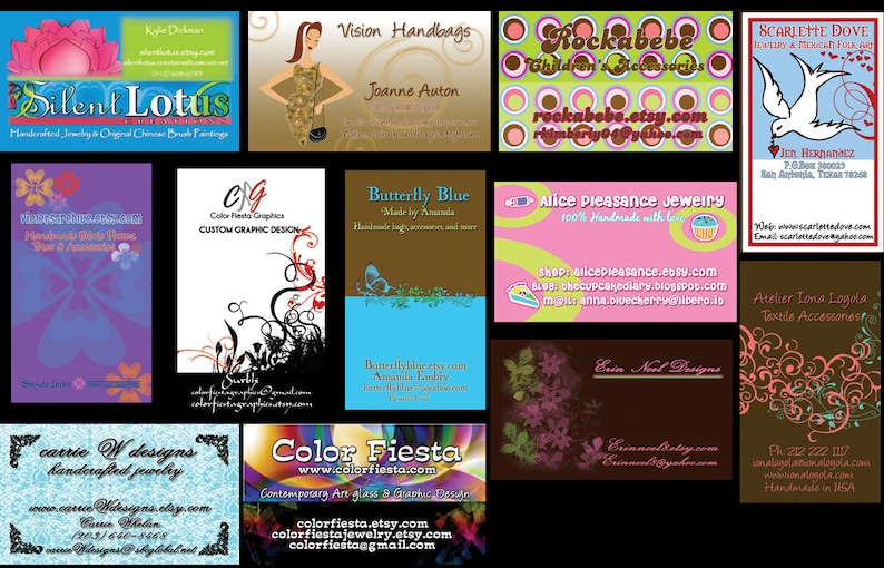 May include: A collage of business cards for various Etsy shops, featuring a variety of designs and themes, including jewelry, handbags, graphic design, and children's accessories.