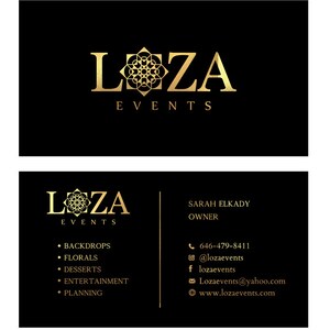 May include: Gold business card with black background featuring the logo "LOZA EVENTS" with a gold geometric design. The card also includes contact information for Sarah Elkady, owner of LOZA EVENTS, including phone number, email address, and website.