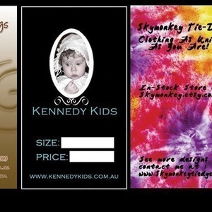 May include: Four business cards with different designs. The first card is for Vision Handbags and features a brown background with a stylized woman holding a handbag. The second card is for Kennedy Kids and features a black background with a photo of a baby girl and the text "Kennedy Kids". The third card is for Skymonkey Tie-Dyes and features a colorful tie-dye background with the text "Skymonkey Tie-Dyes Clothing As Unique As You Are!" The fourth card is for Stampin Pad and features a purple and white striped background with the text "Stampin Pad" and a frog illustration.