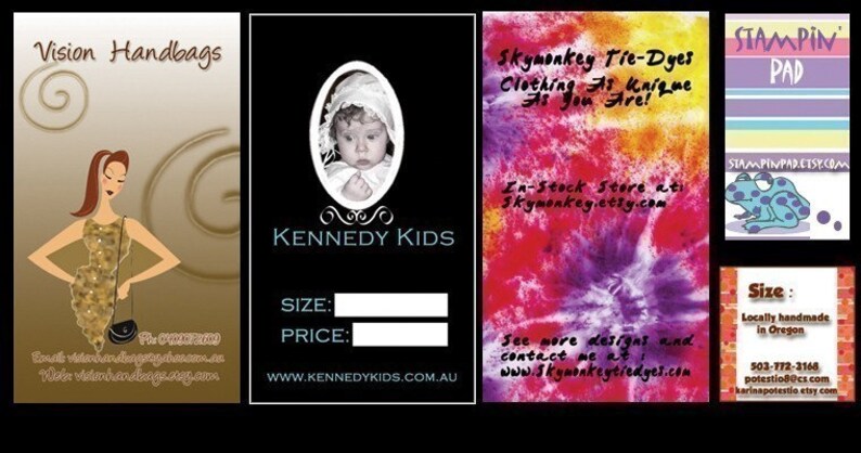 May include: Four business cards with different designs. The first card is for Vision Handbags and features a brown background with a stylized woman holding a handbag. The second card is for Kennedy Kids and features a black background with a photo of a baby girl and the text "Kennedy Kids". The third card is for Skymonkey Tie-Dyes and features a colorful tie-dye background with the text "Skymonkey Tie-Dyes Clothing As Unique As You Are!" The fourth card is for Stampin Pad and features a purple and white striped background with the text "Stampin Pad" and a frog illustration.