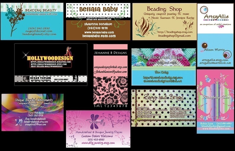 May include: A collage of business cards for various Etsy shops. The cards feature a variety of designs and colors, including floral patterns, polka dots, and stripes. The text on the cards includes the shop names, contact information, and descriptions of the products offered.