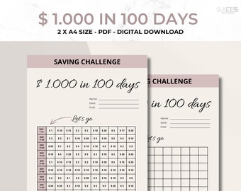 Spaar challange - 1000 dollar in 100 dagen - clean ontwerp - a4 pdf - zelf in vullen van houd het schema aan - start vandaag - print bestand