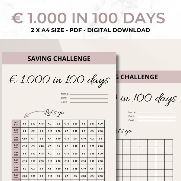 Spaar challange - 1000 euro in 100 dagen - clean ontwerp - a4 pdf - zelf in vullen of houd het schema aan - start vandaag - print bestand