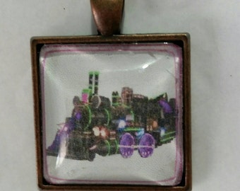 Steampunk Train Necklace Pendant, Steam Locomotive, Fantasy Art Pendant, Original Art