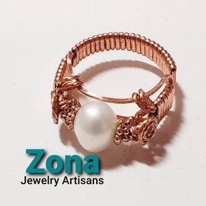 Cultured Pearl Copper Wire Wrapped Ring Custom Made to Size image 1