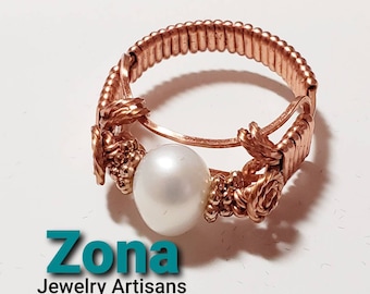 Cultured Pearl Copper Wire Wrapped Ring, Custom Made to Size, Wire Wrapped Ring, Non Tarnish Copper Ring, Genuine Cultured Pearl