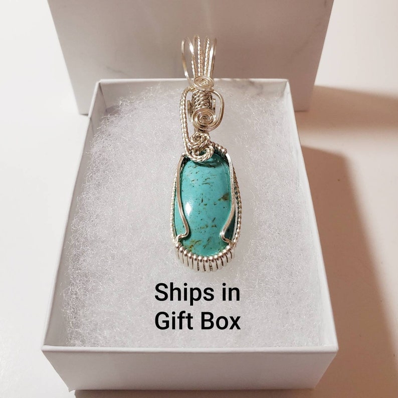 Kingman Turquoise Silver Wire Wrapped Pendant, Hand Cut Turquoise Pendant, Handmade Wire Wrap Bezel Bale, Jewelry Gift for Her image 9
