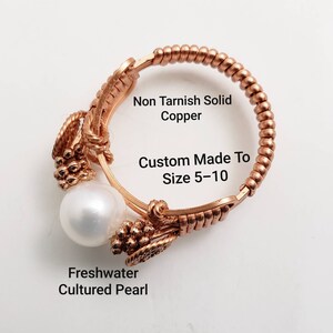 Cultured Pearl Copper Wire Wrapped Ring, Custom Made to Size, Wire Wrapped Ring, Non Tarnish Copper Ring, Genuine Cultured Pearl image 2