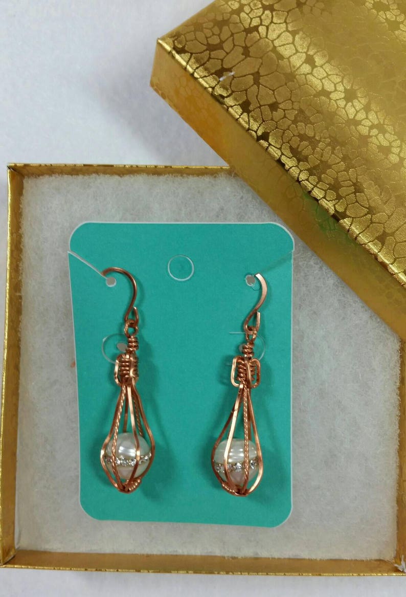Pearl Earrings, Copper Wire Wrap Jewelry, Copper Earrings, Caged
