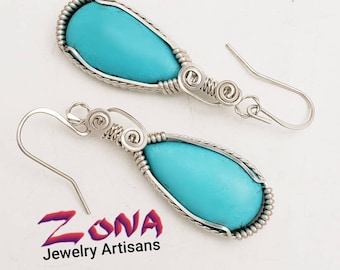 Turquoise Teardrop Earrings: Argentium Sterling Silver Wire Wrapped