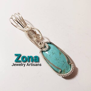 Kingman Turquoise Silver Wire Wrapped Pendant, Hand Cut Turquoise Pendant, Handmade Wire Wrap Bezel Bale, Jewelry Gift for Her image 1