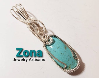 Kingman Turquoise Silver Wire Wrapped Pendant, Hand Cut Turquoise Pendant, Handmade Wire Wrap Bezel Bale, Jewelry Gift  for Her