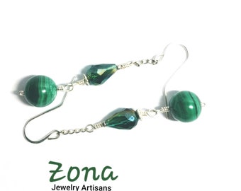Malachite Dangle Earrings in Sterling Silver