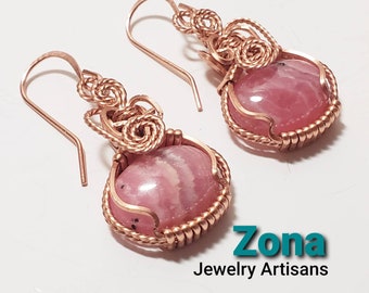 Rhodochrosite Wire Wrapped  Earrings, Ear Wire or Leverback, Rhodochrosite Earrings, Wire Wrapped Earrings, Choice Copper or Silver Plated