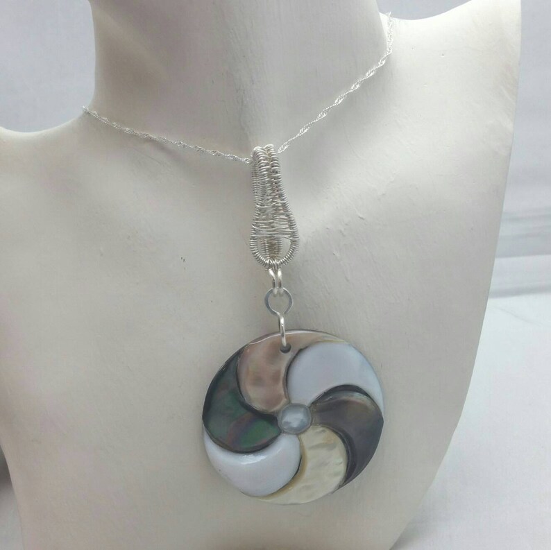 Mother of Pearl Pendant Necklace, Pearl Jewelry, Wire Wrapped Jewelry, Pearl Pendant Necklace, Gift Idea, Free Shipping image 1