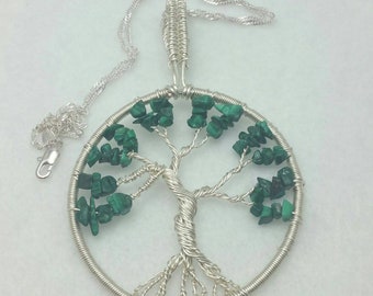 Malachite Necklace Pendant, Tree of Life Pendant, Family Tree Necklace, Wire Wrapped Jewelry, Mothers Day Birthday Gift Idea