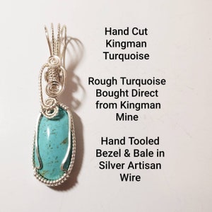 Kingman Turquoise Silver Wire Wrapped Pendant, Hand Cut Turquoise Pendant, Handmade Wire Wrap Bezel Bale, Jewelry Gift for Her image 2