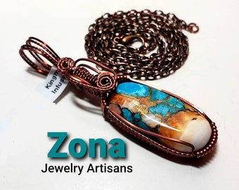 Kingman Turquoise Baja Spiny Oyster Shell Pendant, Wire Wrapped  Copper Pendant, Turquoise Pendant, Spiny Oyster Shell Pendant